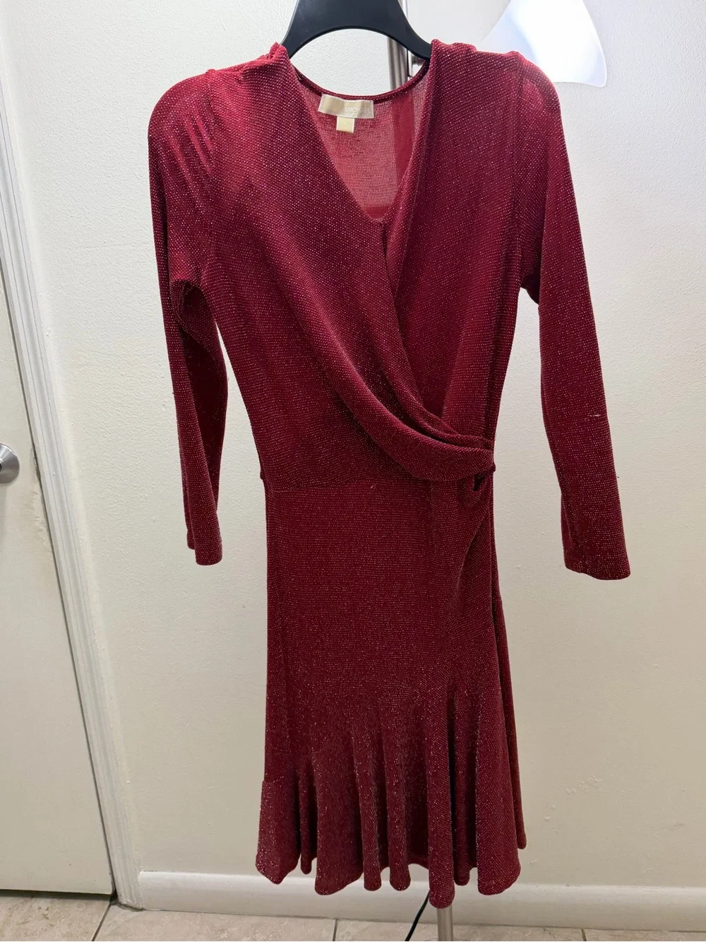 Michael Kors Sparkle Wrap-Style Long Sleeve Dress in Burgundy